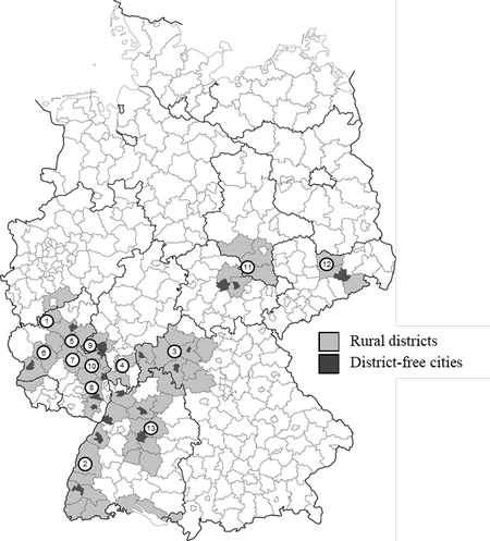 Карта 13 винодельческих регионов Германии, разделенных на сельские округа и города, в которых нет округов.